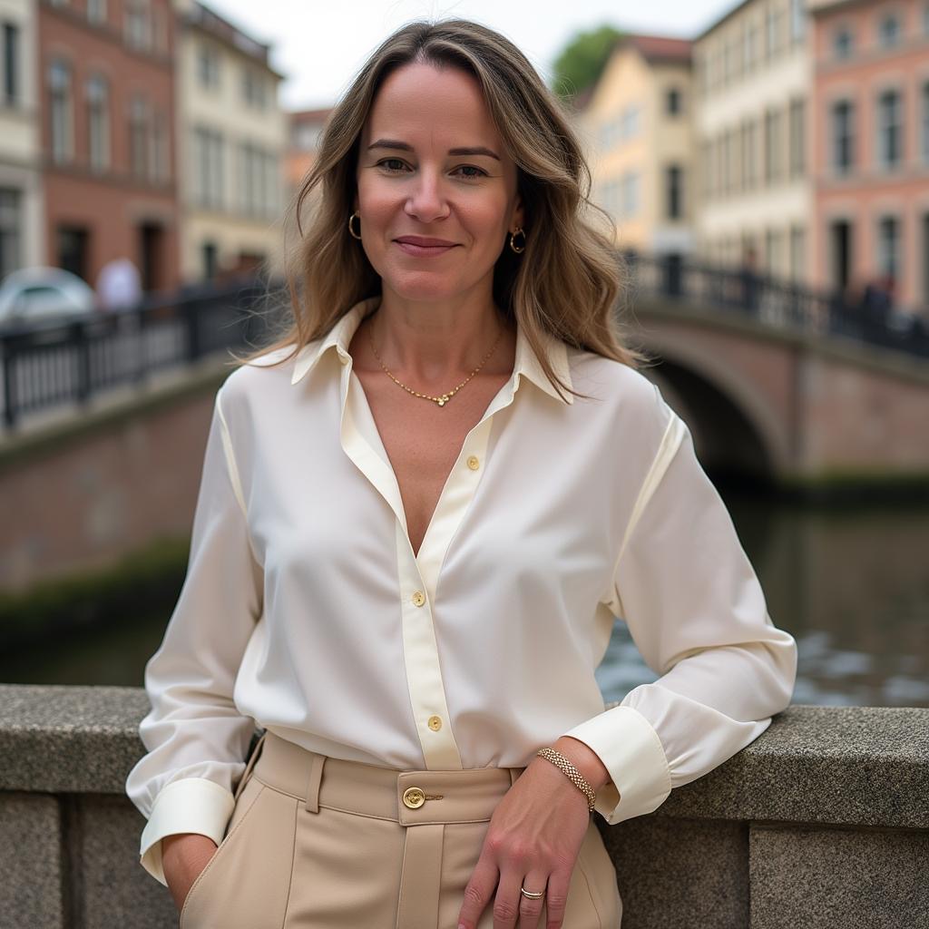 Professional portrait of elegant female travel advisor Anna in her 30s, standing in front of iconic European landmark like the Eiffel Tower, warm smile, sophisticated business casual attire, natural lighting, luxury travel photography style