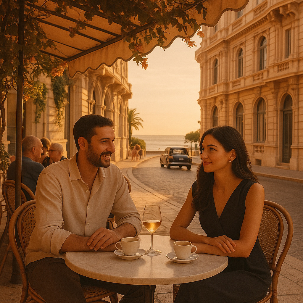 Luxury couple enjoying a personalized vacation experience, sitting at an elegant outdoor cafe in a European city with beautiful architecture, golden hour lighting, sophisticated travel photography style