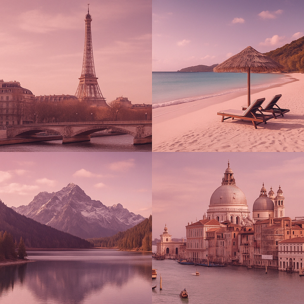 Elegant collage of luxury travel destinations featuring European architecture, pristine beaches, mountain landscapes, and cultural landmarks in a sophisticated pink and purple color palette, boutique travel agency aesthetic